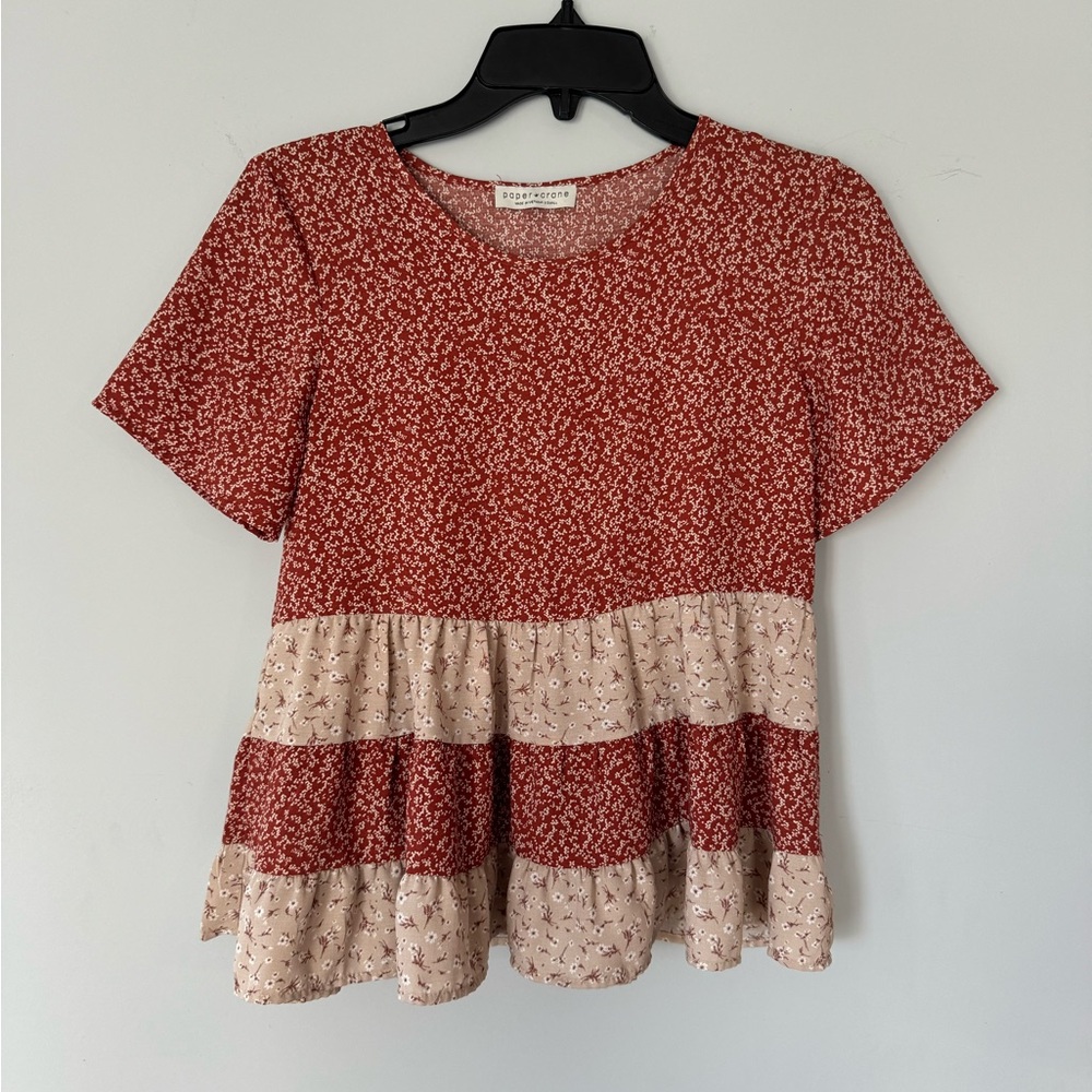 Paper Crane anthropology Womens Tiered Floral Top Red boho Blouse XS